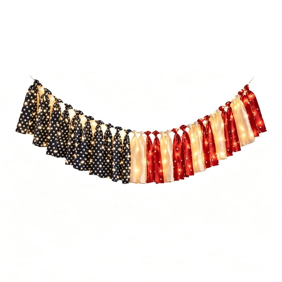 XIA0LE 6.6ft 4th Of July Tassel Garland Vintage Patriotic Fabric Rag Banner Led Lights Wreath, Red Blue White Mantel Decoration For Independence Day, 250th Anniversary Wall Hanging