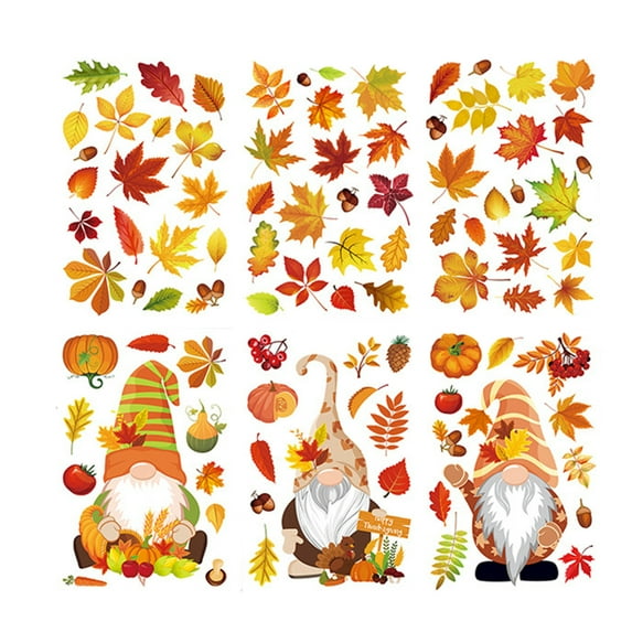 XIA0LE 6 Sheets Fall Window Maple Leaf Thanksgiving Decoration Glass Sticker Maple Leaf Gnome Pumpkin Door Wall For Home Party Decor Wedding Party