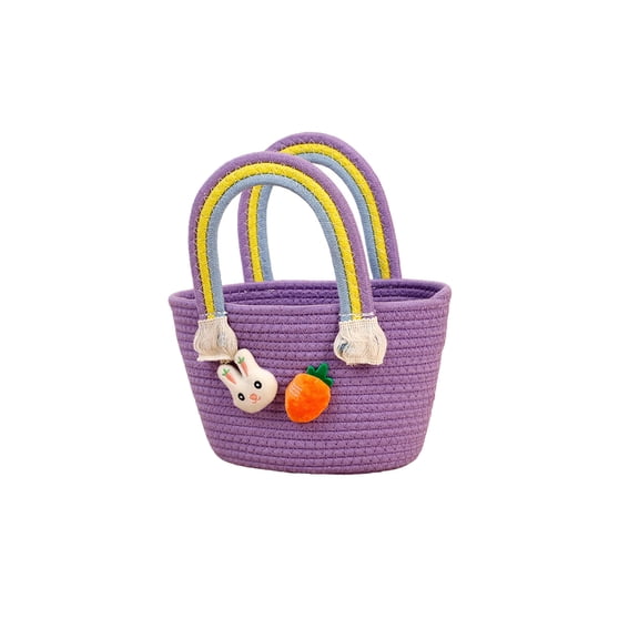 XIA0LE Bunny Carrot Baskets For Kids, Cute Cotton Tote Bag Hand-Woven Handbag With Rainbow Handles, Easter Egg Hunt Basket Bags For Boys, Girls, Easter Gift Basket Personalized (Purple)