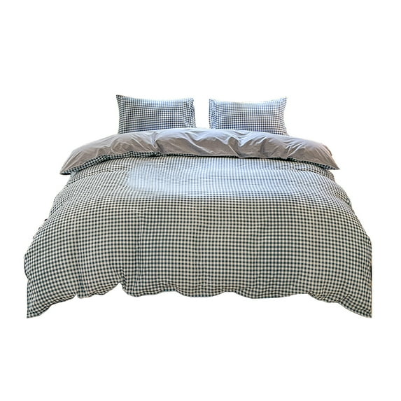 XIA0LE Duvet Cover Queen Washed Cotton Duvet Cover Four-Piece Bed Sheet Quilt Cover, Modern Plaid 4 Piece Grid Bedding Set With Zipper Closure Corner Ties, Breathable, Easy Care (Blue)