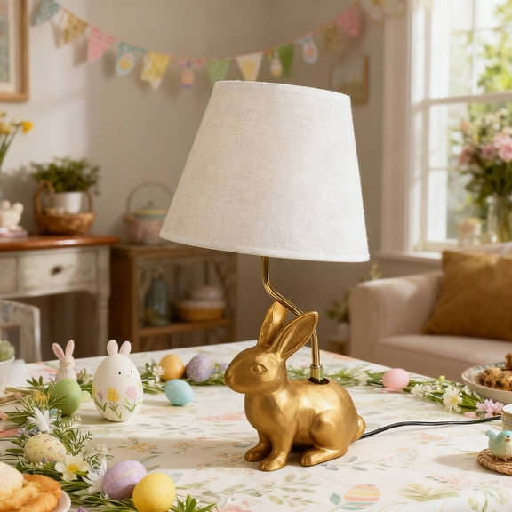 XIA0LE Easter Golden Bunny Rabbit Table Lamp With White Linen Shade, Cute Desk And Bedside Lamp For Bedroom, Living Room Nightstand, Unique Aesthetic Home Decor (Plug-In Version)