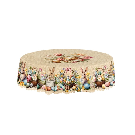 XIA0LE Easter Round Tablecloth 60x 60in Waterproof Fabric Spring Flowers Bunny Table Cloths For Easter Indoor Outdoor Kitchen Dining Decorations