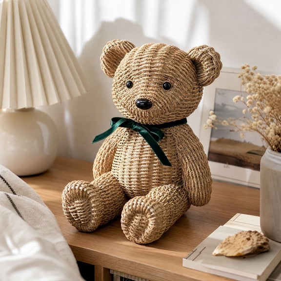 XIA0LE Farmhouse Teddy Bear Figurine, 8 Inch Handwoven Resin Craft With Green Ribbon Bow, Sitting Entryway Shelf Mantel Fireplace Winter Holiday Display, White