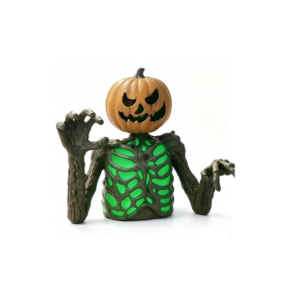 XIA0LE Glowinthe Dark Skeleton Pumpkin Half Body Statue Lifelike Tree Bark Pumpkin Groundbreaker Decor, Green Light Up Halloween Yard Outdoor Spooky Prop For Party Decoration