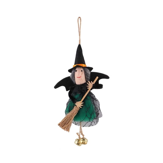 XIA0LE Halloween Small Witch Decor Halloween Tree Decoration Hanging Witch Doll Broomstick With Bells Ornaments For Porch, Party Decor (Green)