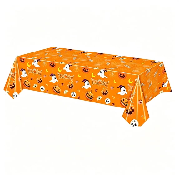 XIA0LE Halloween Tablecloth Disposable Plastic Table Cover 54"X 108"Pumpkin Spider Web Lovely Ghost Table Cloth For Halloween Decorations Birthday Party Dinner, Home Decor (Orange)