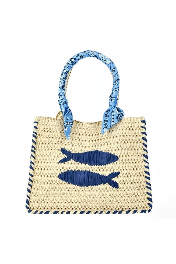 XIA0LE Ladies Mini Straw Handbag Light Natural Woven Beach Purse Small Tote Bag With Fish Embroidery Summer Raffia Shoulder Bag For Vacation Bohemian