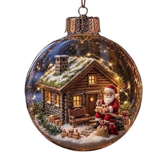 XIA0LE Light Up Christmas Ball Ornaments 3.16 Inch Warm LED Clear Christmas Tree Hanging Baubles With Miniature Log Cabin Scene Holiday Party Home Indoor Decor (A)