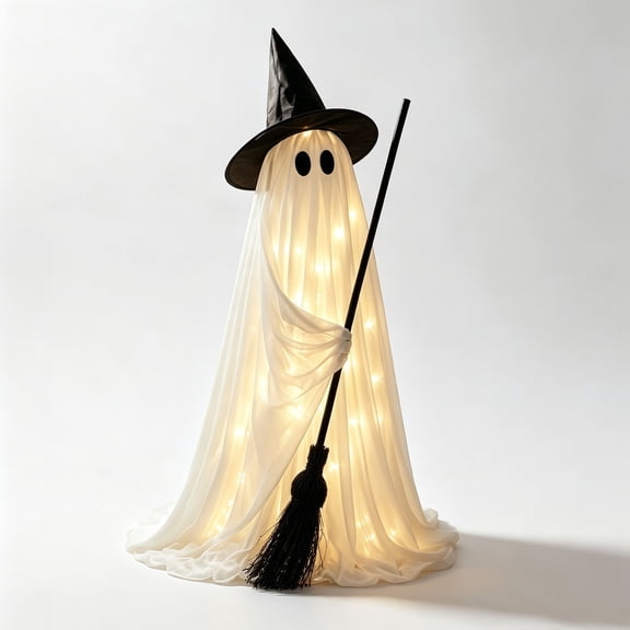 XIA0LE Lighted Standing Ghost Witch Halloween Decor, Fabric Ghost Figure with Witch Hat & Broom, Warm String Lights LED LightUp Halloween Indoor outdoor Decoration