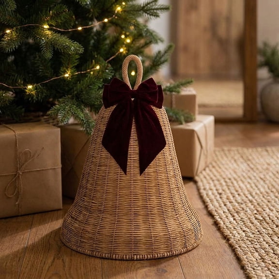 XIA0LE Rustic Handwoven Rattan Bell Ornament, 7.87 In Wicker With Burgundy Velvet Bow, Hanging Holiday Christmas Decor for Tree, Wall, Front Door, Porch, Entryway, Khaki