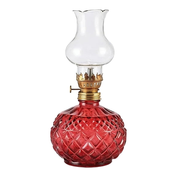 XIA0LE Vintage Glass Oil Lamp, Diamond Embossed Red Glass Kerosene Lamp With Clear Chimney, Retro Decorative Hurricane Lamp Desktop Night Light For Home Decor, Bedroom, Farmhouse Ornament