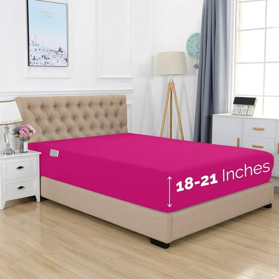 XIACOCO-1500 Premium Hotel Quality 18-21 Inches Deep - Extra Deep Pocket Single Fitted Sheet For High Mattress, Luxury And Softest, Smart Pocket - Wrinkle Free, Queen, Pink