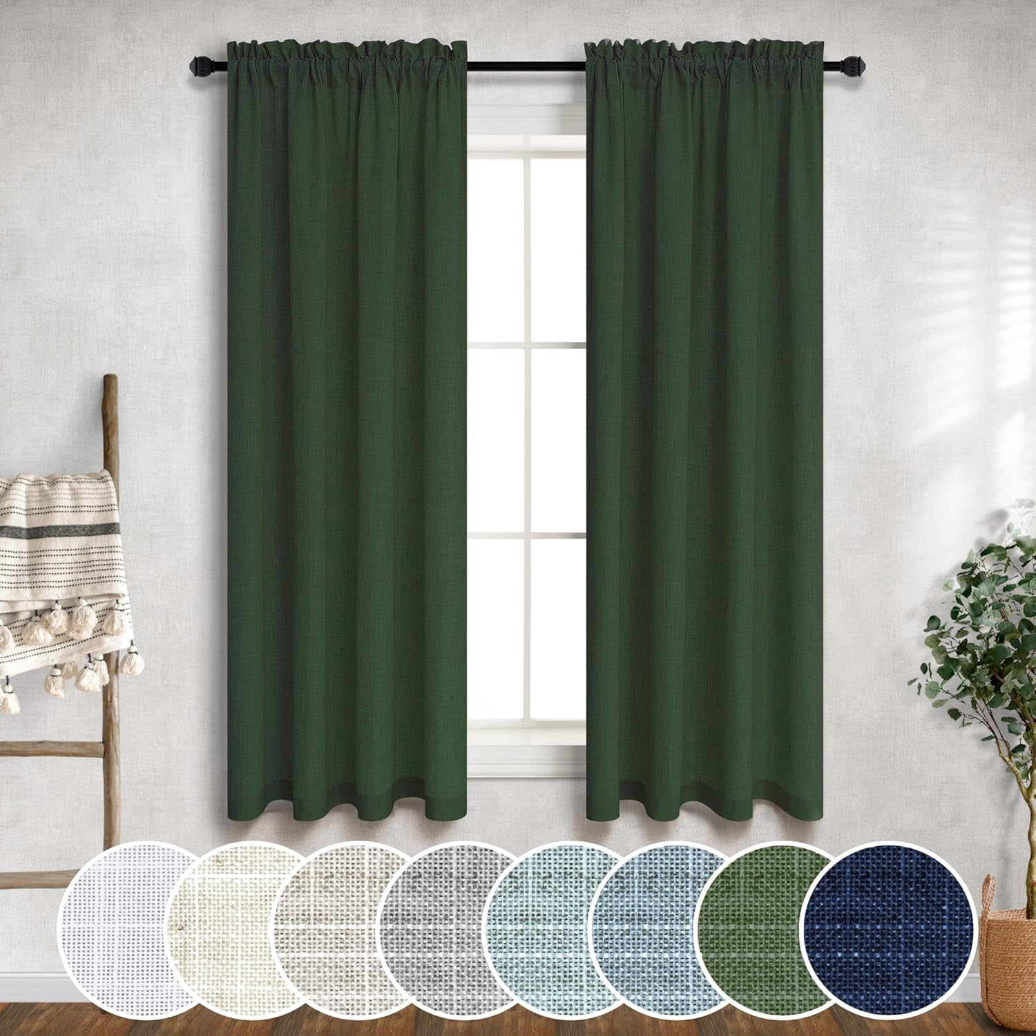 XIACOCO-36X45 Inches Long Hunter Green Linen Curtains For Living Room Rod Pocket Bedroom Drapes ...