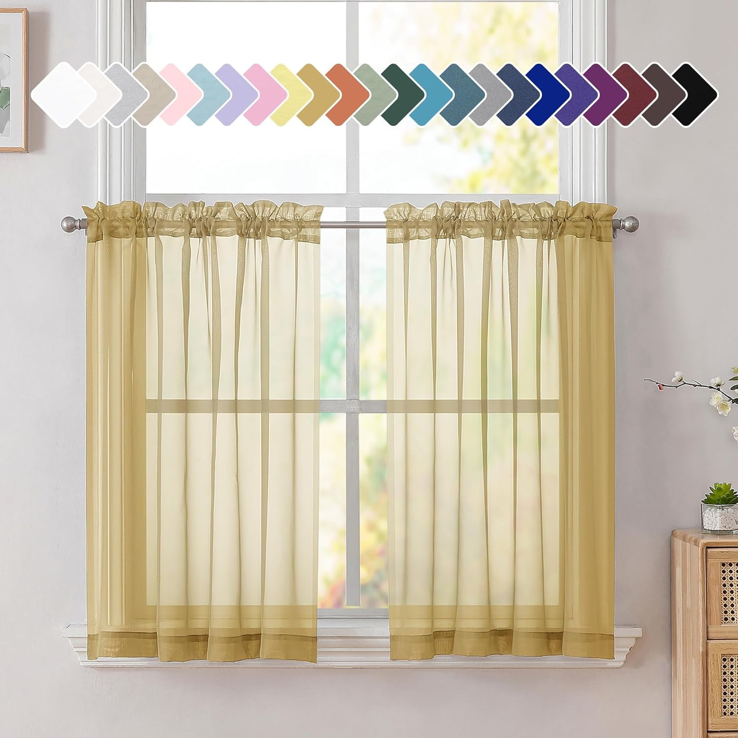 XIACOCO-Gold Short Sheer Kitchen Curtains 36 Inch Length Tier Curtains ...