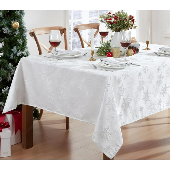 XIACOCO-Metallic Snowflake Christmas No-Iron Soil Resistant Fabric Holiday Tablecloths - 52 X 70 Oblong, White-Silver