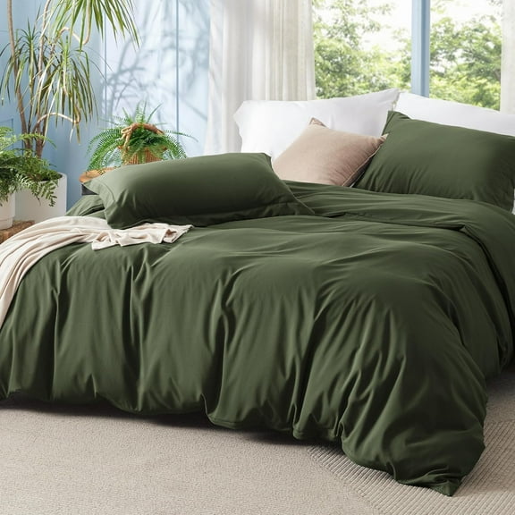 XIACOCO-Olive Green Duvet Cover Queen Size - Polyester & Rayon Derived From Bamboo Cooling Duvet Cover Set (90" X 90"), 3 Pieces With 2 Pillow Shams, Comforter Not Included