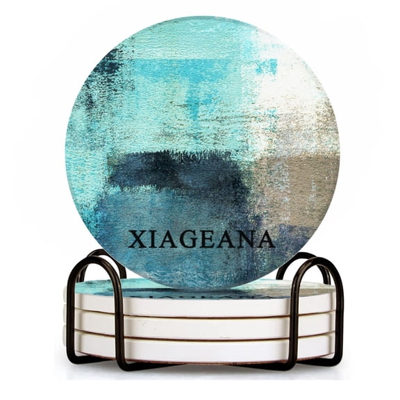 XIAGEANA Drink Coasters Ceramic Stone Set of 4, Blue Marble Design Round Absorbent Cup Coasters for Desk, Stylish Black Stone Coaster for Kitchen Office Housewarming Hostess Gifts (4*4 Inch)