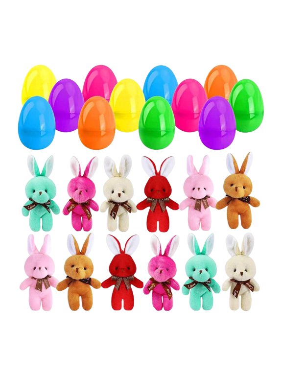 12 Pieces Small Bunny Stuffed Animal and 12 Pieces Easter Eggs - Mini Bunny Plush 6 Colors Soft Tiny Plush Toys Small Rabbit Doll Keychain Cute Birthday Easter Party Decorations(Cute Style)