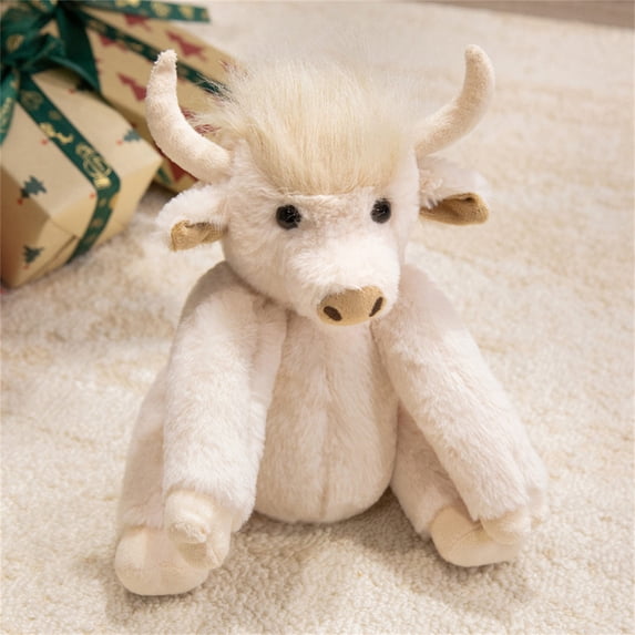 XIAHAO Cute Highland Cow Plush Toy with Sound, Posable 10" Realistic & Cute Stuffed Animal, Soft Jointed Scottish Cattle Doll for Birthday Christmas Festival Gifts (White No Sound)