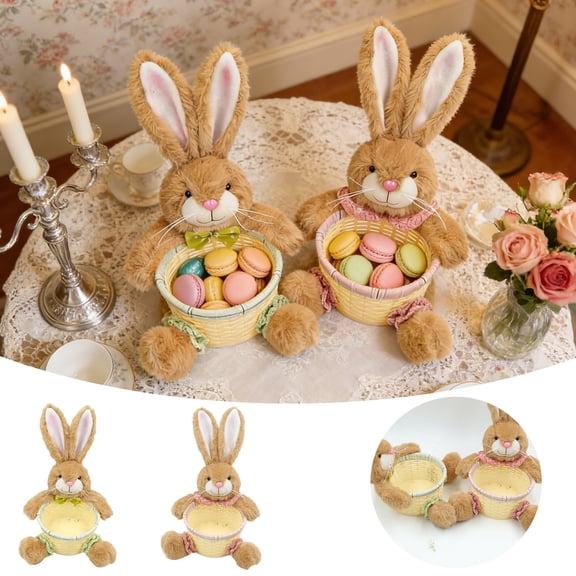 XIAHAO Easter Decorations for Home- 10.2" Sisal Bunny Figurines with Basket, Spring Straw Bunny Couple Farmhouse Centerpieces for Tables, Easter Rabbits Decor