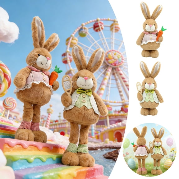 XIAHAO Easter Decorations for Home- 7-22" Sisal Bunny Figurines with Carrot & Racket, Spring Straw Bunny Couple Farmhouse Centerpieces for Tables, Easter Rabbits Decor