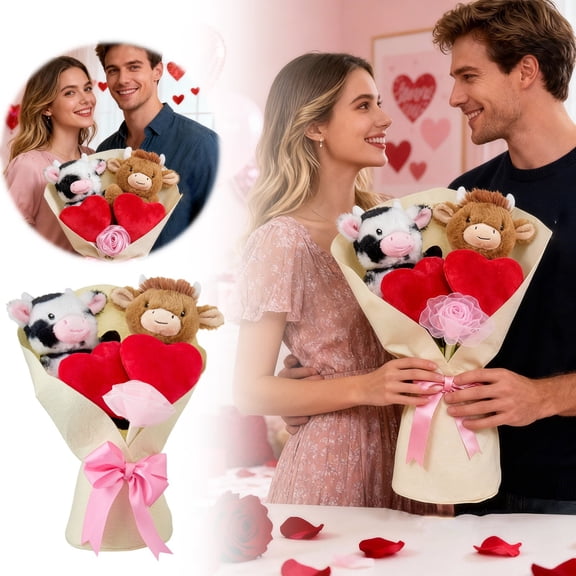 XIAHAO Highland Cow Valentines Plush Bouquet, Set of 2 Adorable Stuffed Animals with Hearts, Pink Bow Wrap, for Anniversary, Weddings, Valentines Day Gifts, Holiday Party Decor