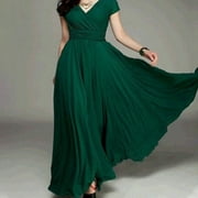 XIAN  Women's Chiffon Long Dress V Neck Slim Dresses Elegant Slim Fit Dresses for Party Wedding Wear  XL Dark Green