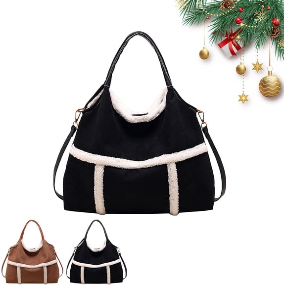 XIANGFF Vintage Large Capacity Plush Shoulder Bag, Women Suede Tote With Faux Lamb Wool Lined, for Work and Travel