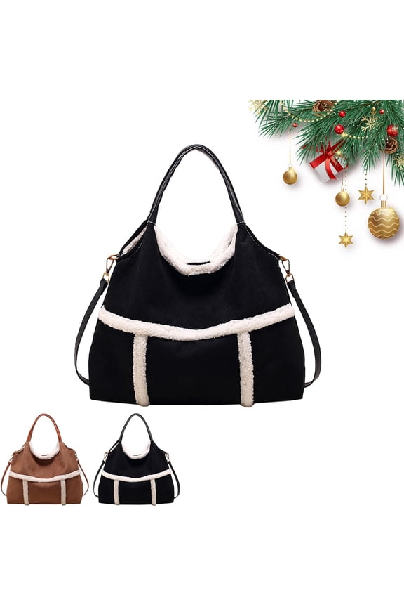 Vintage Large Capacity Plush Shoulder Bag, Women Suede Tote With Faux Lamb Wool Lined, for Work and Travel