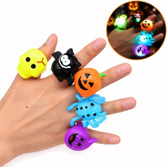 XIANGSUO 5-Piece Halloween Light-Up Ring Set, Pumpkin, Skull and Bat Finger Lights for Party Favors, Costumes, Trick-or-Treat Bags and Events