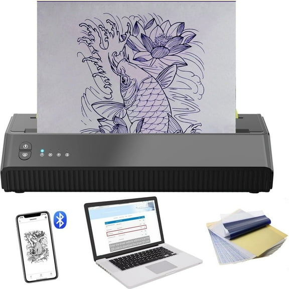 XIANJINO Tattoo Stencil Printer Bluetooth Thermal Wireless Tattoo Transfer Stencil Printer Kit Machine Compatible with Smartphone & PC with 10pcs Transfer Paper