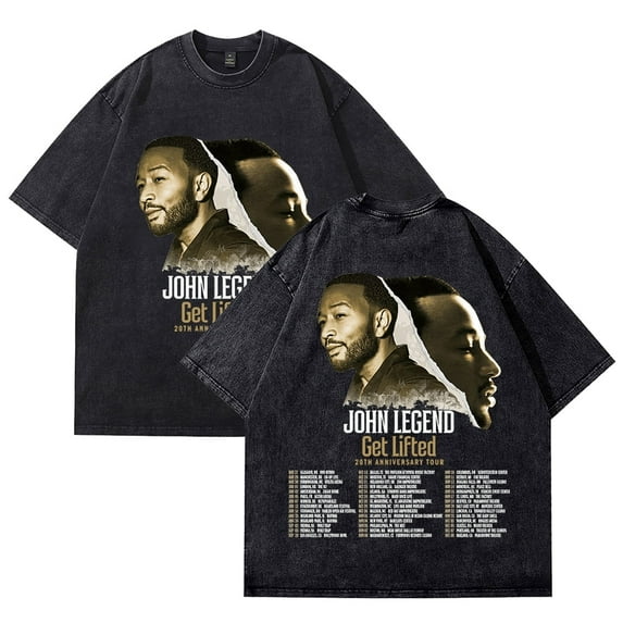 XIANQI John Legend Tour Vintage Washed T-Shirt Round Neck Short Sleeve black