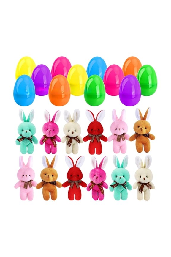 12pcs PreFilled Easter Eggs with Plush Bunny Toys, Egg Fillers Hunt Basket Stuffers Bunnies Keychain Toy for Kids Boys Girls Easter Party Favors Classroom Prize