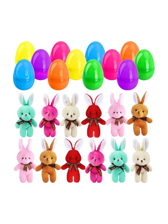 12pcs PreFilled Easter Eggs with Plush Bunny Toys, Egg Fillers Hunt Basket Stuffers Bunnies Keychain Toy for Kids Boys Girls Easter Party Favors Classroom Prize