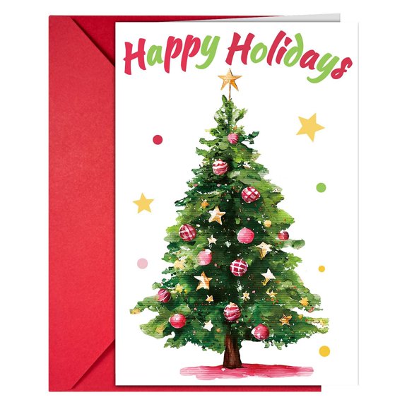 XIANXIAN 5 Pack Merry Christmas Greeting Cards Watercolor Xmas Tree Blank Note Cards with Envelopes and Stickers for Winter Holidays Party, 12 x 18 CM