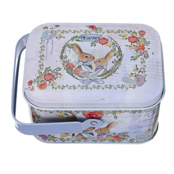 XIANXIAN Candy Storage Box Portable Tinplate Container with Handle Easter Themed Cookie Jar with Secure Lid for Treat Organization and Seasonal Display