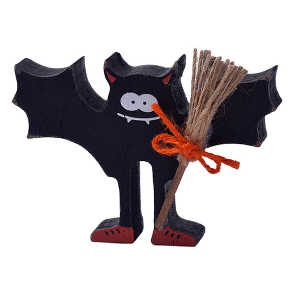 ​​XIANXIAN Halloween Wooden Tray Decor with Witch Broom - Freestanding Bat Ghost Witch Hat Kitchen Fireplace Table Sign Seasonal Centerpiece Placement​​