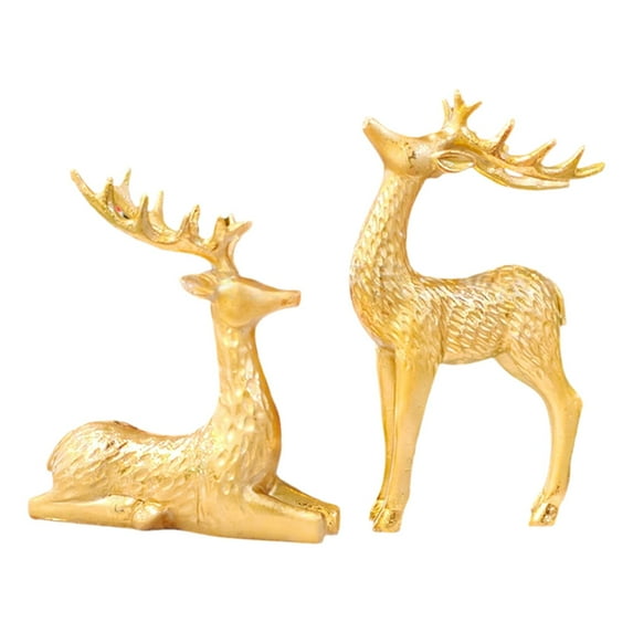 XIANXIAN Handmade Resin Christmas Deer Figurines 2-Piece Set Featuring Standing and Lying Deer Ornaments in Gold and Silver Finishes for Home Holiday Decor