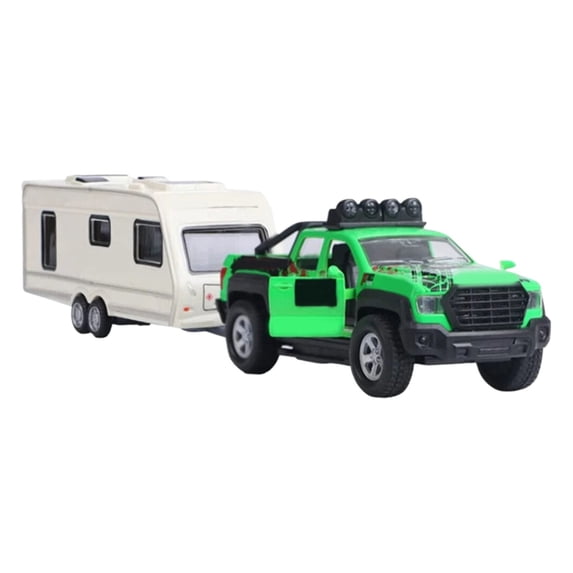 XIANXIAN Pickup Truck Trailer Towing Toy Camper 2 in 1 Playset RV Motorhome Toys for Boys Diecast Model Car Metal Pull Back Toy Cars 1/36 Scale SUV Doors Open Light Sound Kids Birthday Gifts