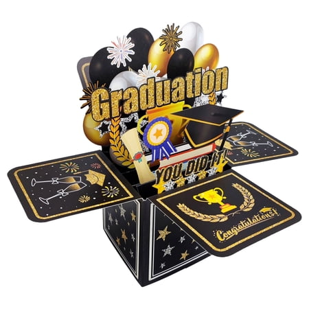 XIANXIAN Pop Up Graduation Card 2026 - Congrats Grad 3D Happy Graduation Card with Envelope, Blank Insert, Seal, for High School College Master PHD Doctor Nurse University Black