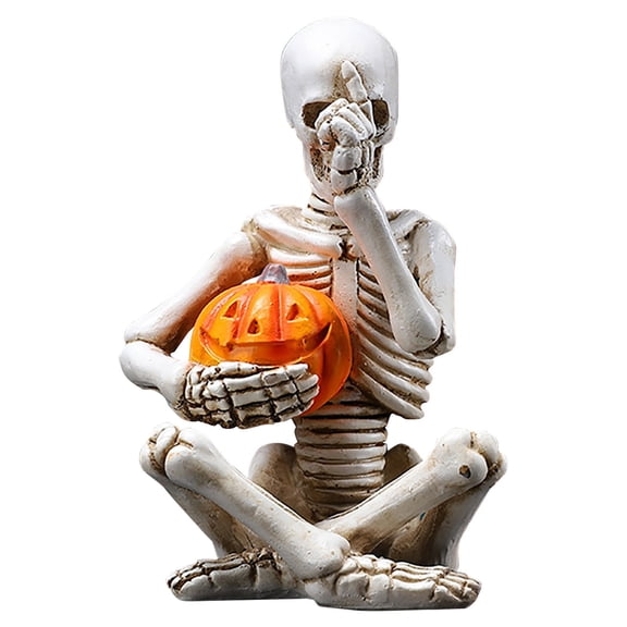 XIANXIAN Resin Skeleton Pumpkin Bauble Statue - Spine-Chilling Living Room Halloween Ornament Gothic Mantel Shelf Décor with Realistic Bone Detailing