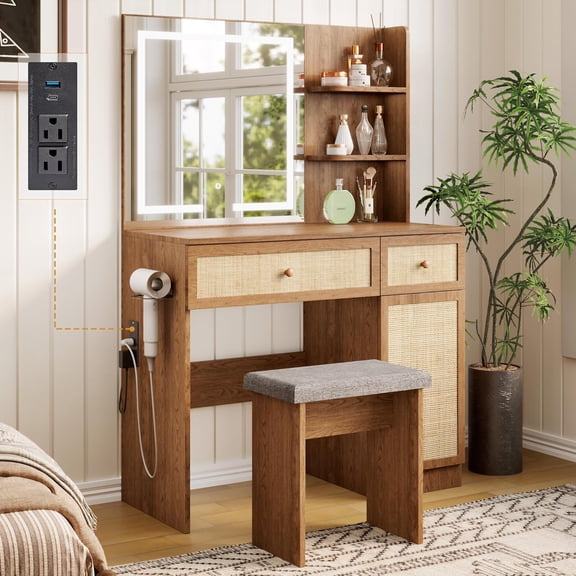 XIAO WEI 35" Boho Vanity Desk with LED Mirror & Power Strip, Stool Included