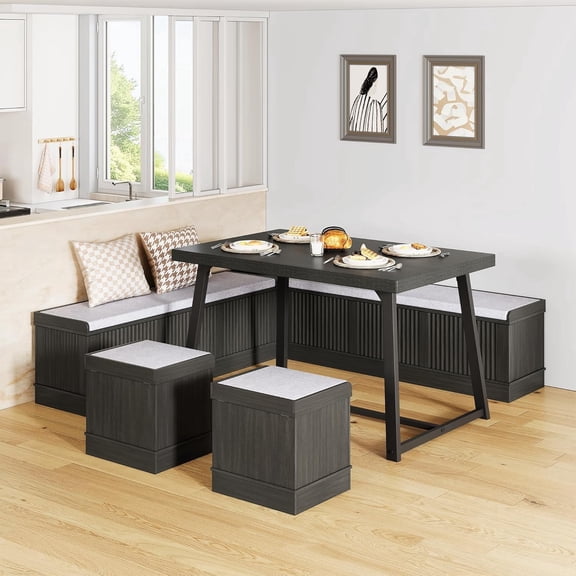 XIAO WEI 43" Corner Dining Set with Storage & Ottomans, Seats 4-6, Brown