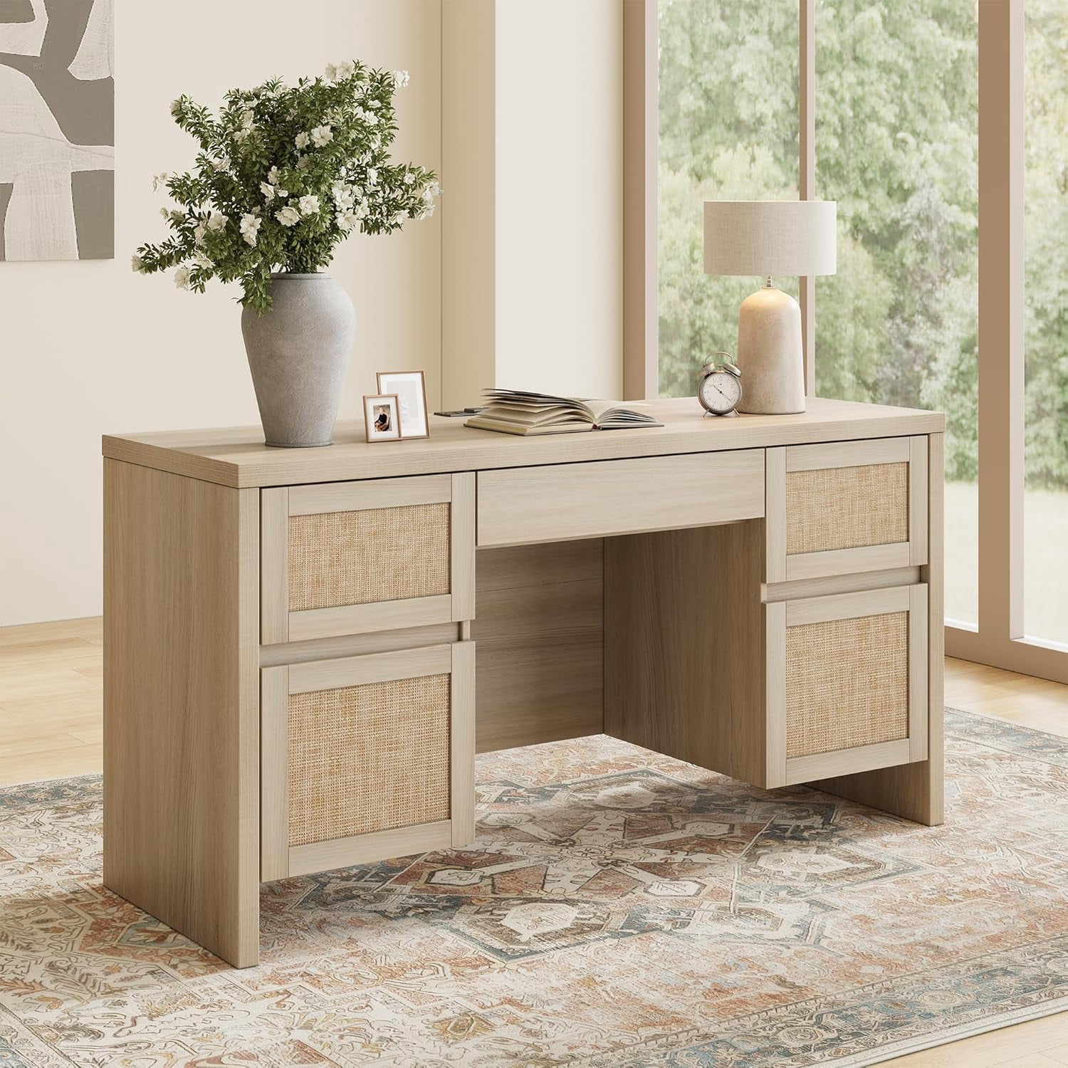 XIAO WEI 57" Rattan Desk with 5 Drawers & Charging Station, Light Beige
