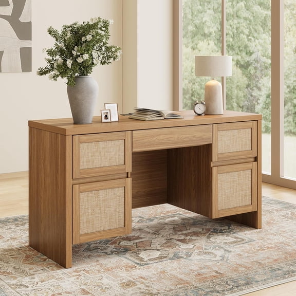 XIAO WEI 57" Rattan Desk with 5 Drawers & Charging Station, Walnut Brown