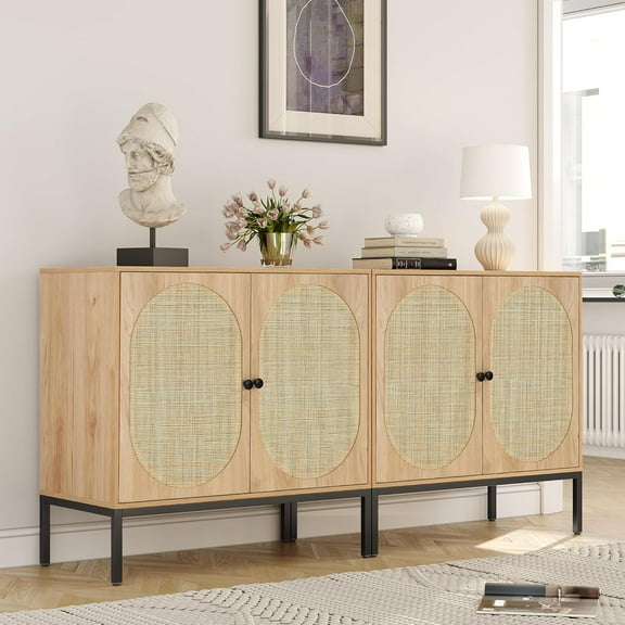 XIAO WEI 63" Natural Rattan Sideboard, 2-Piece, Metal Legs