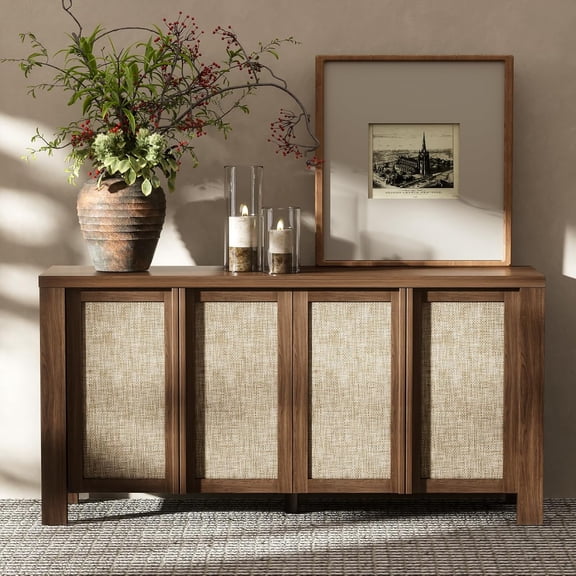 XIAO WEI 63" Sideboard with Solid Wood Handles & Rattan Doors, Dark Walnut