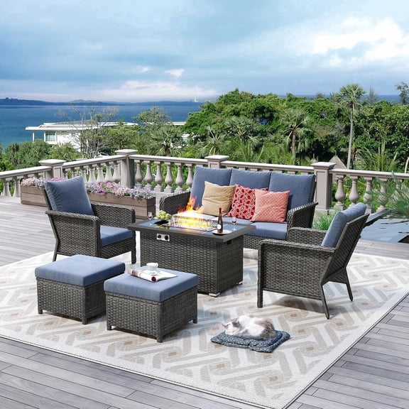 XIAO WEI 7-Piece Outdoor Sectional with 44" Gas Fire Pit Table, Blue