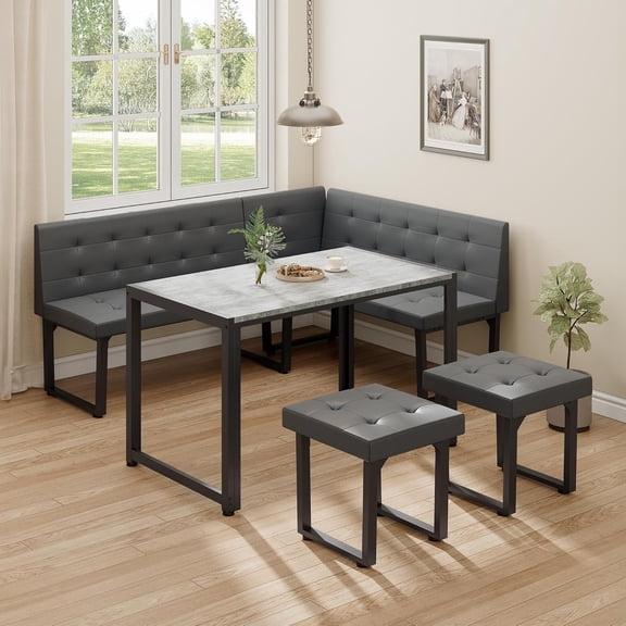 XIAO WEI 70" Corner Dining Table Set with Upholstered Banquette, 5-Piece, Grey