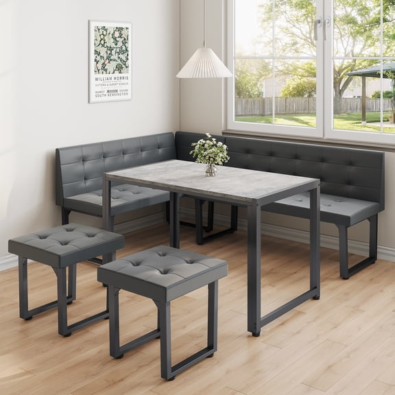 XIAO WEI 70" Corner Dining Table Set with Upholstered Banquette, 5-Piece, Grey